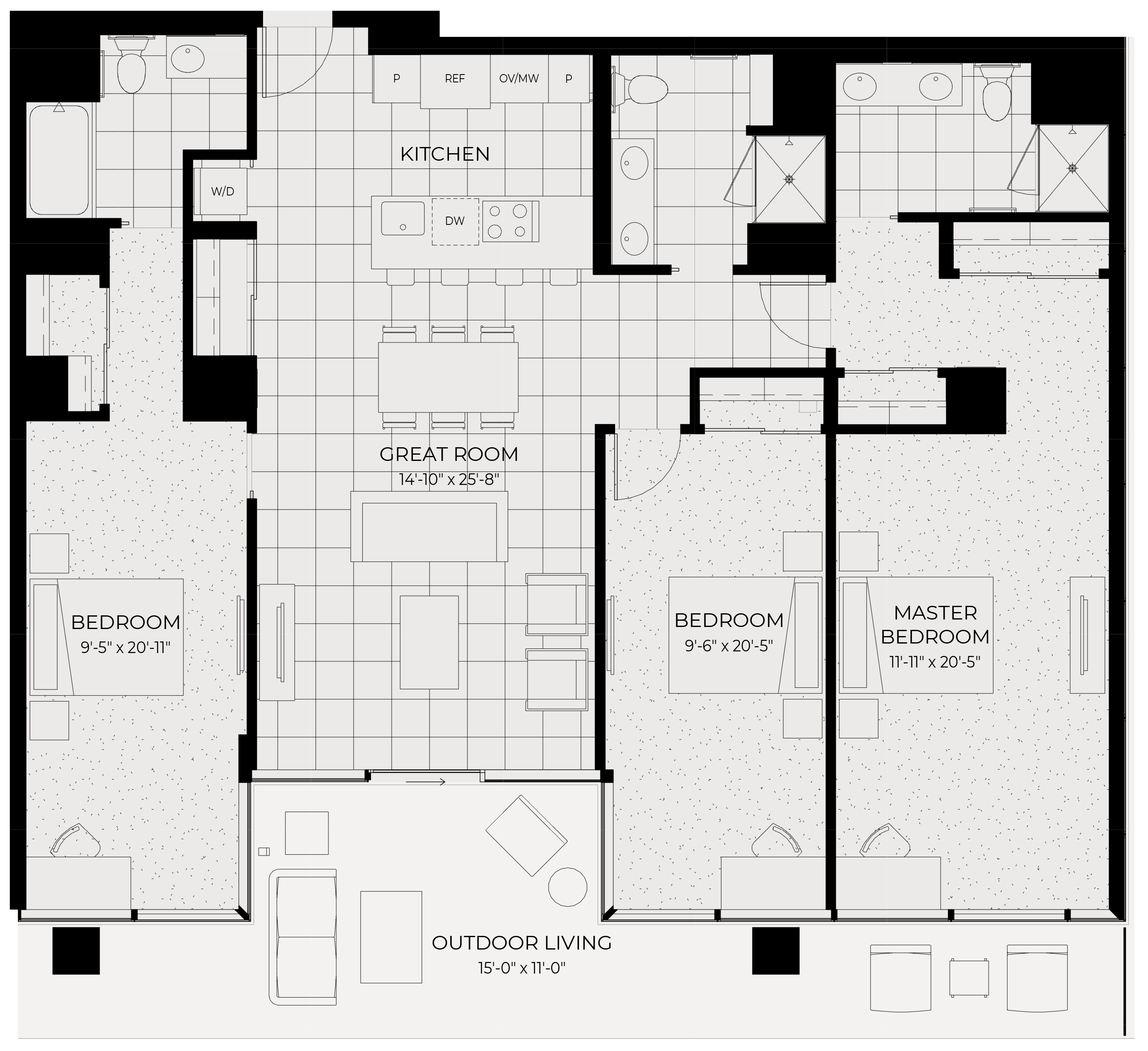 Floor plan for 3 beds, 3 baths, 1734 sqft